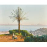 19th Century Neapolitan School, figures overlooking a bay, watercolour, 11.5" x 14.5".