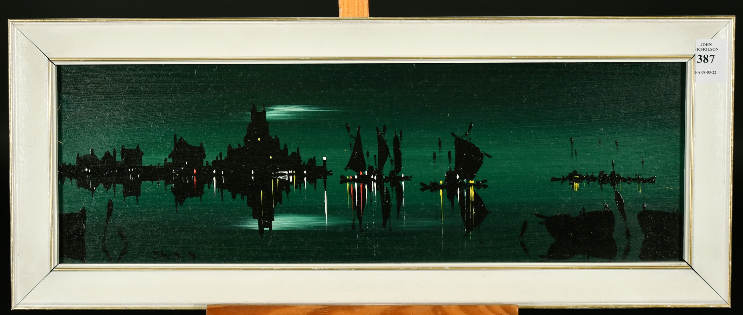 David Deakins, A lagoon at moonlight, oil on board, signed and with artists label verso, 6" x 18". - Image 2 of 4
