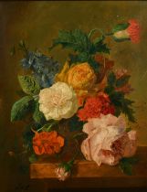 19th Century Dutch School, a still life of mixed flowers, oil on oak panel, signed with initials J V