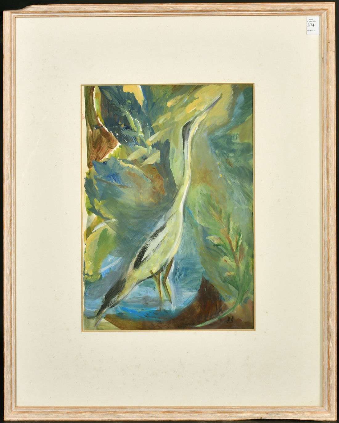 Jean Webster, 'Heron in caves of Green' acrylic on paper, signed with monogram, titled on label - Image 2 of 4