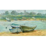 Flavia Blois (1914-1988) beached boats in an estuary, oil on board, signed, 14" x 24".