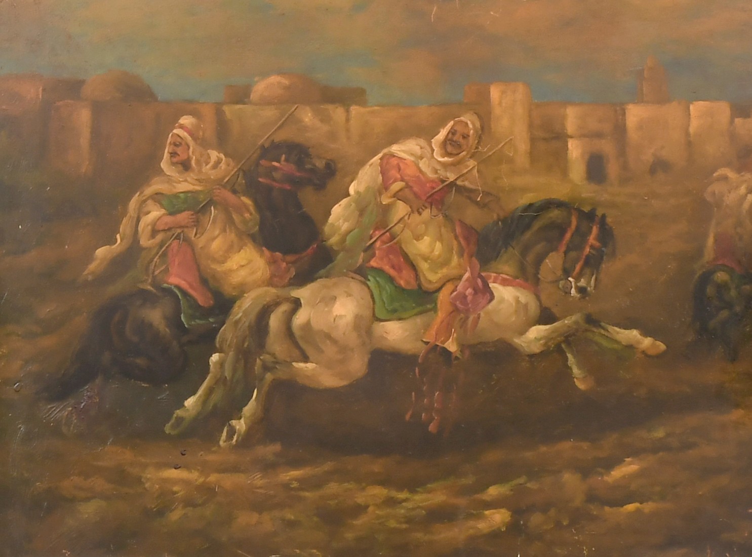 A pair of 20th Century oil on panel, scenes of Eastern horseman brandishing weapons, each 12" x 16", - Image 3 of 5