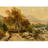 Continental School, A landscape view with trees, a rocky river with figures and dog on a track