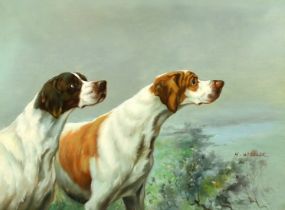 H. Wheeler (20th Century), gun dogs in anticipation, oil on panel, signed, 12" x 16".