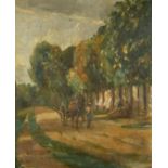 Early 20th Century School, figures and a horse and cart on a country road, oil on board, 12" x 10".