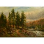 R. H. Jenkins, 19th Century, loggers by a mountain stream, oil on canvas, signed, 26" x 36".