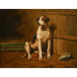 C. Harrison (20th Century), a scene of a dog in a barn interior, oil on panel, 8" x 10".