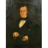 19th Century, three-quarter length portrait of a gentleman wearing a black jacket and bow tie, oil