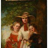 19th Century English School, a study of three sisters, oil on board, 6.25" x 5.75".