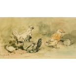 Louis Eugene Lambert (1825-1900) French, a study of chickens and ducks, watercolour and ink,