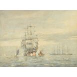 Fred Kelsey (act.c 1887-1923) British, Tall ships with a tugboat and other sail boats out to sea,