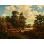 19th Century Continental School, travellers on a country path by woods, oil on canvas, bears