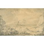 G. Morland, 19th Century, a figure and boat in a coastal landscape, pencil, signed, 11" x 17.5".