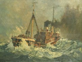 Harry Hudson Rodmell (1896-1984) British, 'North of the Faroes' A steam ship on rough seas, oil on