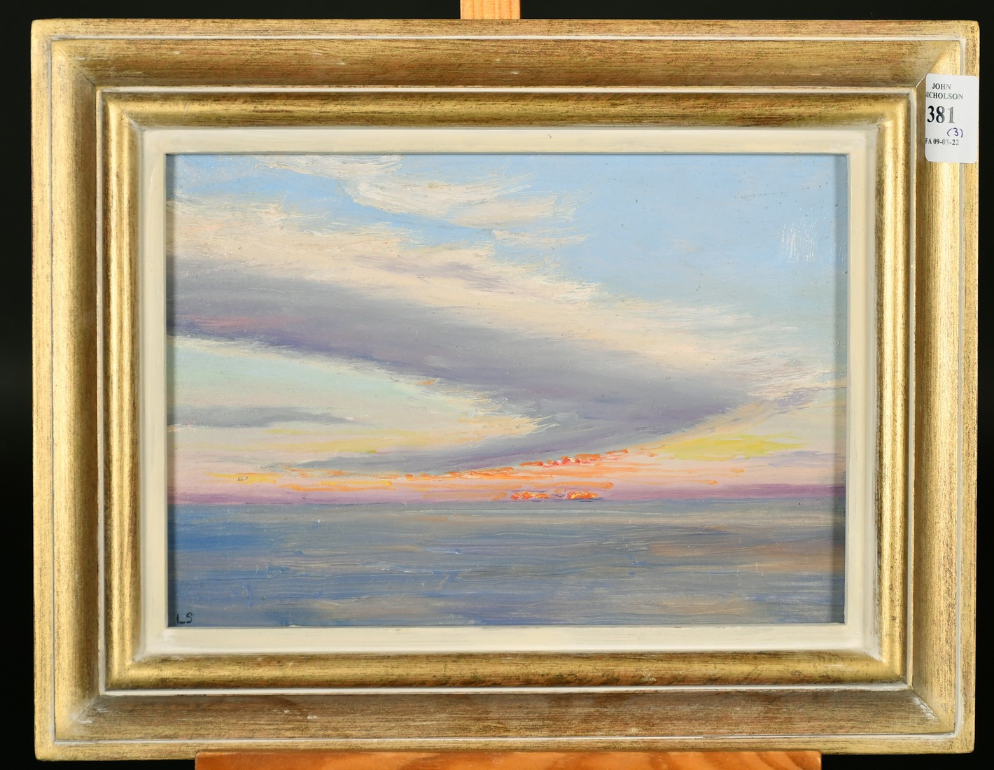 L.S. circa 1930, a view of the setting sun at sea, oil on panel, signed with initials, along with - Image 2 of 6