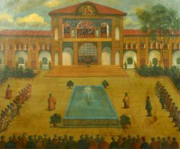 A scene of Nasre al- Din Shah Qajar on the steps of the Palace with a gathering of figures in a