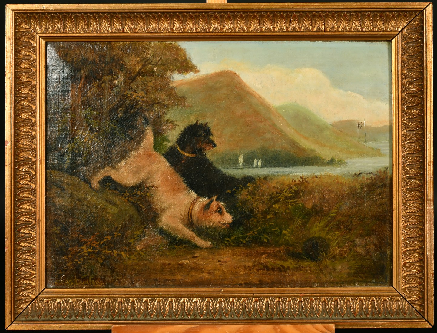 Charles Dudley (19th/20th Century), terriers ratting with sailboats on a mountain lake beyond, oil - Image 2 of 4