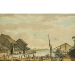 Charles Tomkins (1757-1823) A busy wharf side view with barges and figures, fine pen and ink, signed