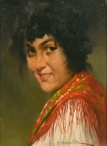 Franz Obermuller (1869-1917) Austrian, Portrait of a woman wearing a red, pink and green shawl,