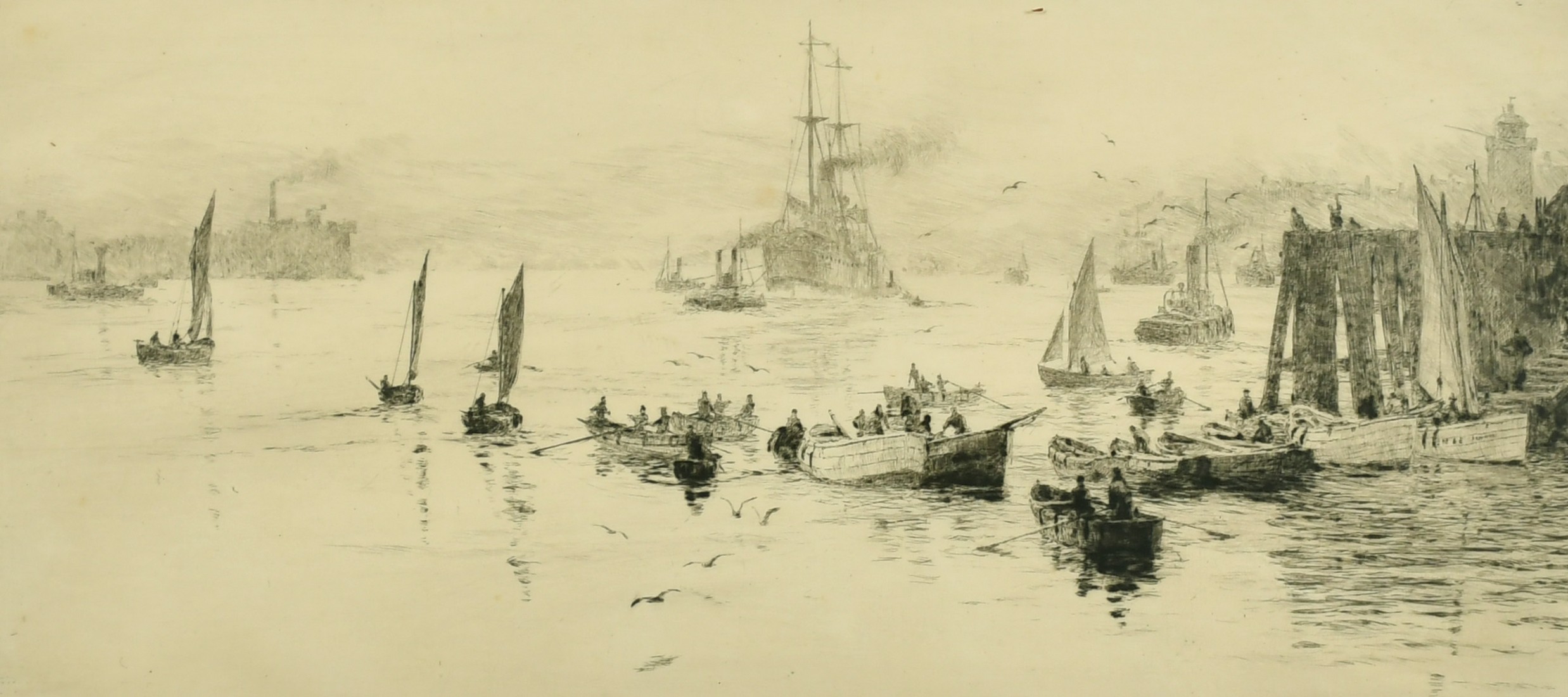 William Lionel Wyllie (1851-1931) British, 'North Shields', etching, signed in pencil, 6.25" x 15".