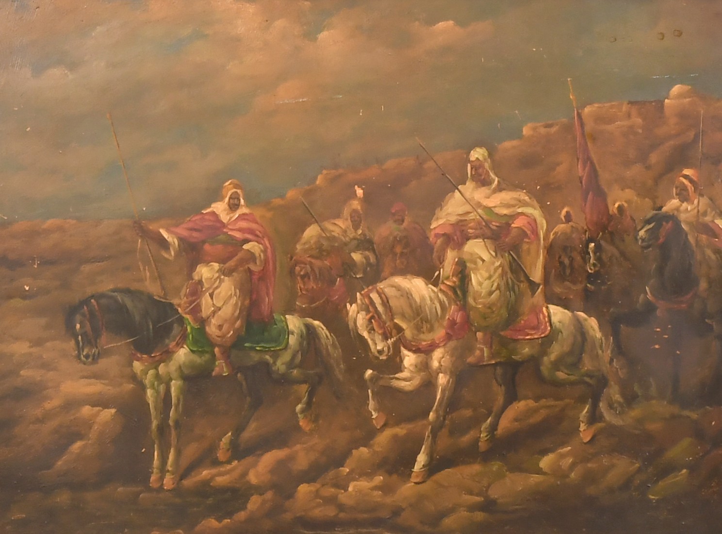 A pair of 20th Century oil on panel, scenes of Eastern horseman brandishing weapons, each 12" x 16", - Image 2 of 5