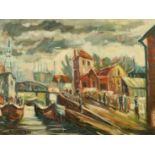 Raymond Besse (1899-1969), Figures and buildings by a French river, oil on canvas, signed, 16.5" x