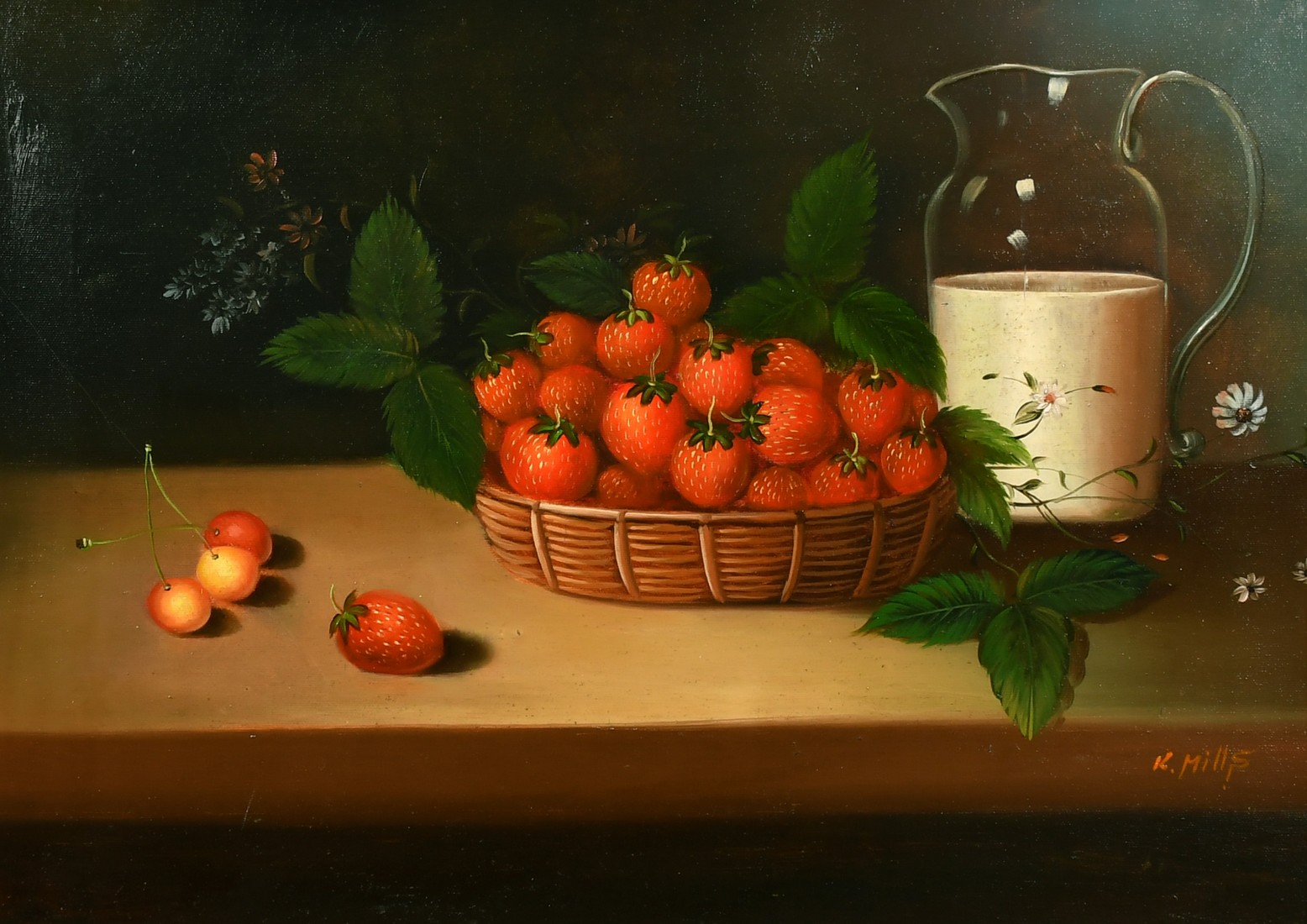 K. Mills (Late 20th Century), Still life of strawberries in a basket with a jug of cream, oil on