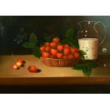 K. Mills (Late 20th Century), Still life of strawberries in a basket with a jug of cream, oil on