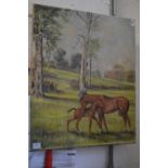 A mare and foal, oil on canvas, unframed.