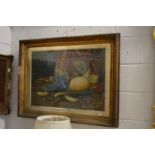 A late 19th century still life of fruit watercolour, in a heavy gilt frame.