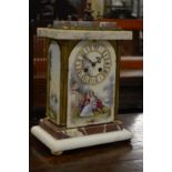 A French painted alabaster and marble mantle clock.