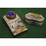 A good porcelain inkwell and similar pillbox.