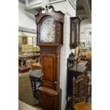 A good 19th century oak and mahogany longcase clock with painted arched dial, eight day movement