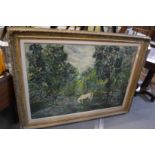 A large oil on canvas depicting a horse in a woodland scene, in a decorative gilt frame.