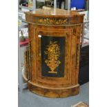 A good pair of Victorian style marquetry inlaid walnut bow fronted corner cupboards.