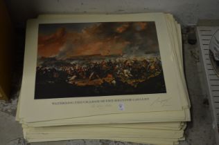 A large quantity of unframed prints depicting Waterloo, Charge of the British Cavalry.