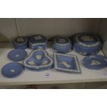 Wedgwood pale blue Jasper ware, boxes and covers etc.