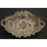 A Dresden floral decorated twin handled dish.