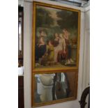 A 19th century French Trumeau mirror, the upper section painted with classical young maidens, oil on