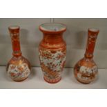 A Japanese Kutani vase and a pair of similar bottle vases.