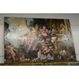 A very large classical style painting with figures, cherubs and animals, oil on canvas, unframed.