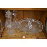 A good large cut glass dish, a claret jug and a pair of decanters.