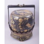 AN EARLY 20TH CENTURY LACQUERED WOOD JUBAKO / FOOD CARRIER, in black and gilt lacquer and