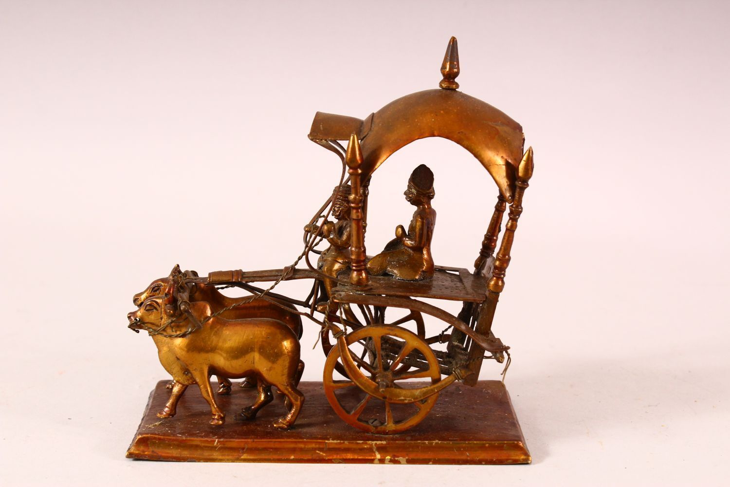 THREE 19TH CENTURY INDIAN METAL MODELS OF CARTS, each cart drawn by a variety of animals, largest - Image 6 of 7
