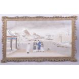 A LARGE CHINESE FRAMED GOUACHE PAINTING, depicting four figures with a dog in a landscape scene,