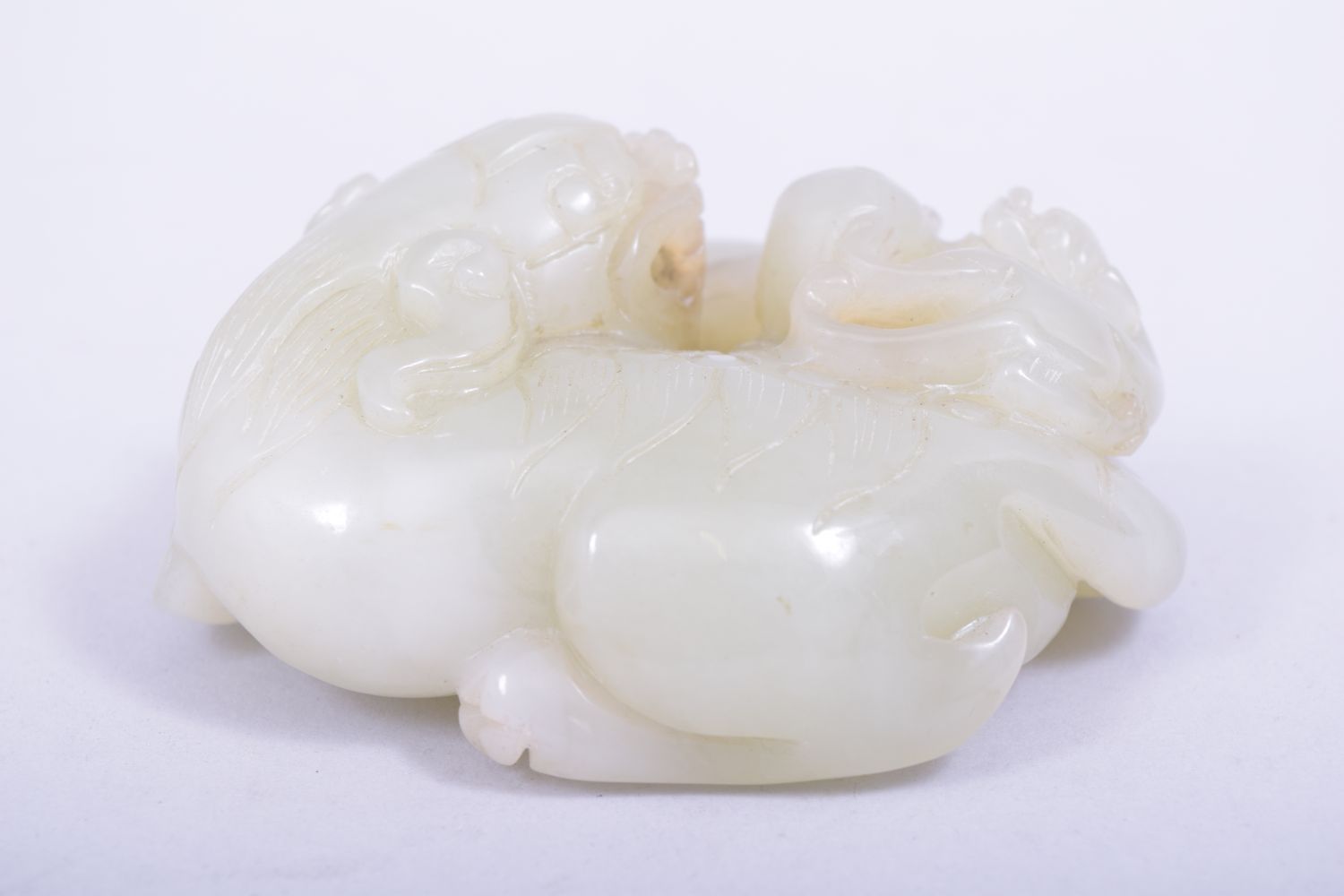 A CHINESE QING DYNASTY CELADON JADE CARVED THREE LIONS, on a fitted hardwood stand, jade 9cm x 8. - Image 4 of 7