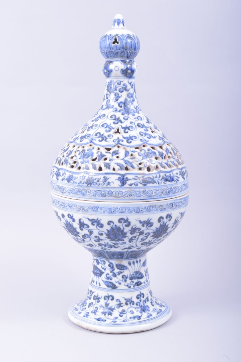 A LARGE CHINESE BLUE AND WHITE PEDESTAL CENSER WITH PIERCED COVER, for the Islamic market, profusely - Image 2 of 10