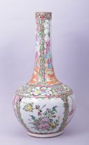 A CHINESE CANTON FAMILLE ROSE PORCELAIN BOTTLE VASE, the body painted with panels of figures and