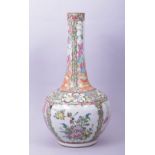 A CHINESE CANTON FAMILLE ROSE PORCELAIN BOTTLE VASE, the body painted with panels of figures and