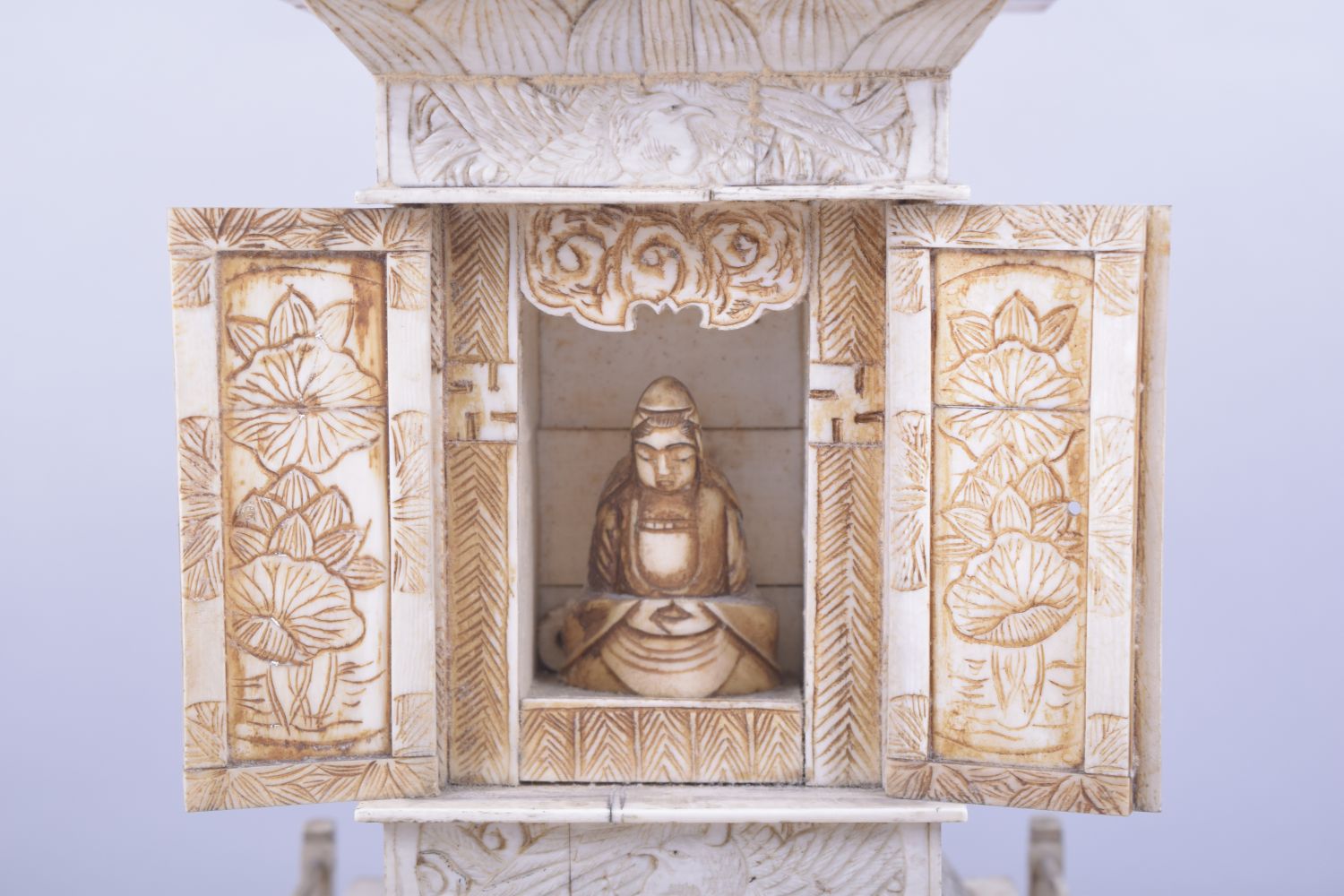 A CHINESE CARVED IVORY TEMPLE / PAGODA SHRINE, the central section with doors opening to reveal a - Image 8 of 12